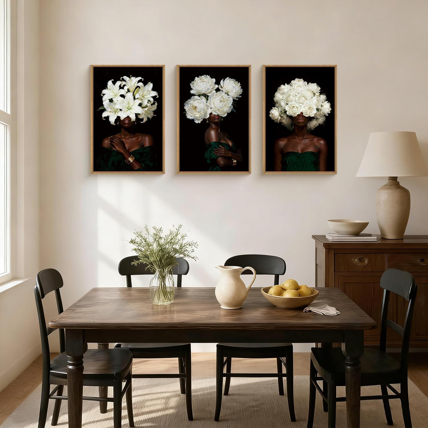 HPINUB Black Woman Framed Canvas Prints Wall Art Set, Abstract White Hydrangea Wall Decor, Vintage African American Girl Art Photos for Living Room, Bedroom, Dining Room, Office, Bathroom - 16x24x3